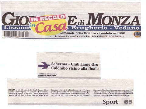 Giornale di Monza 17 Ottobre 2017 - Scherma - Club Lame Oro Colombo vicino alla finale Giornale di Monza 17 Ottobre 2017 Scherma Club Lame Oro Colombo vicino alla finale